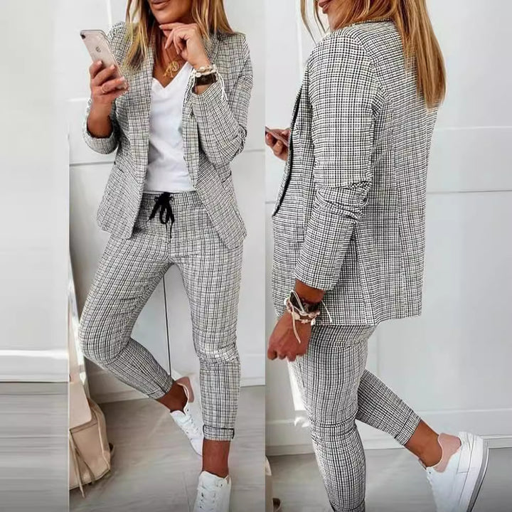 Ladies two-piece checked pattern business-casual blazer set with elastic waistband pants Mune Fashion
