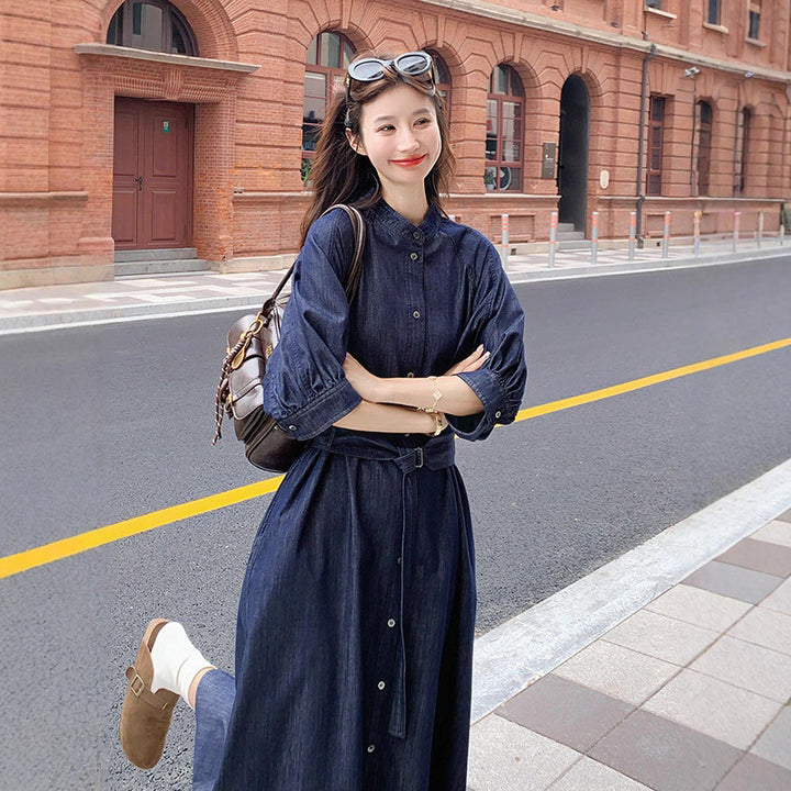 Ladies jeans midi dress with continuous button placket, waist belt and 3/4 sleeves Mune Fashion