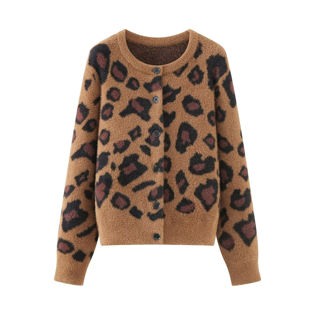 Women's fluffy cardigan in leopard print with round neckline and button placket Mune Fashion