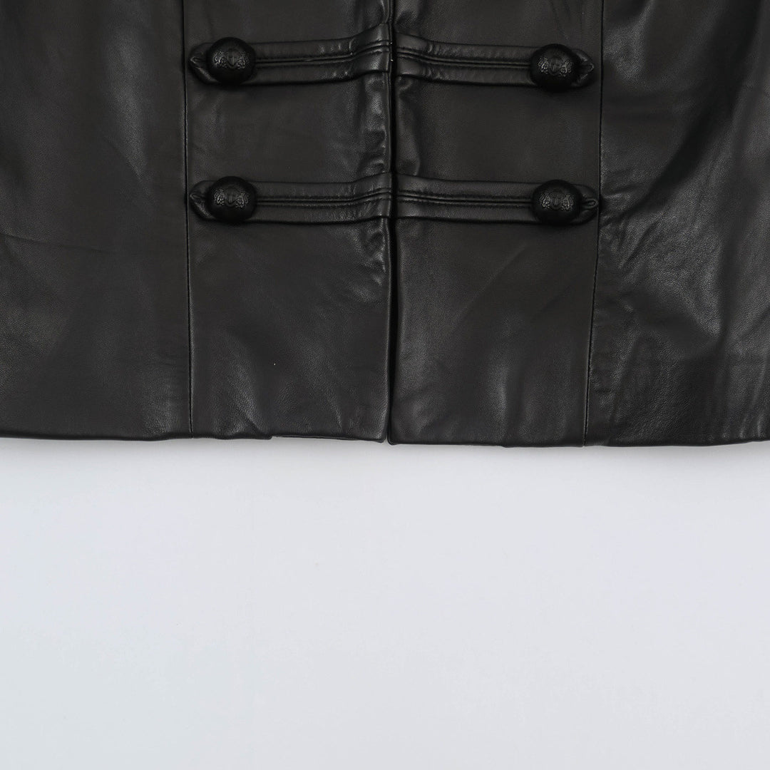 Women tailored military-inspired leather jacket with stand-up collar, decorative strap and button placket Mune Fashion
