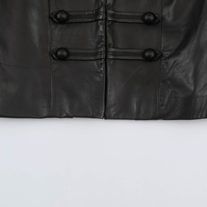Women tailored military-inspired leather jacket with stand-up collar, decorative strap and button placket Mune Fashion