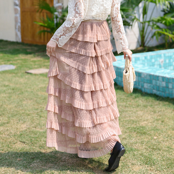Women's multi-layered midi skirt with polka dot chiffon ruffles and elastic comfort waistband Mune Fashion