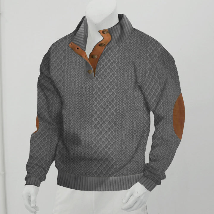 Men's cable knit turtleneck with stand-up collar, half button placket, and contrasting leather applications Mune Fashion