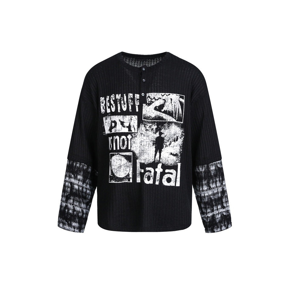 Men's Long Sleeve Ribbed Knit Shirt with Henley Button Placket and Contrasting Graphic Print Mune Fashion
