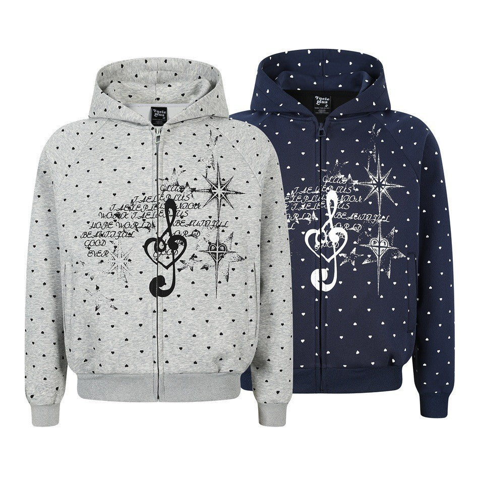 Women's zip hoodie in heart all-over with treble clef print and kangaroo pockets Mune Fashion