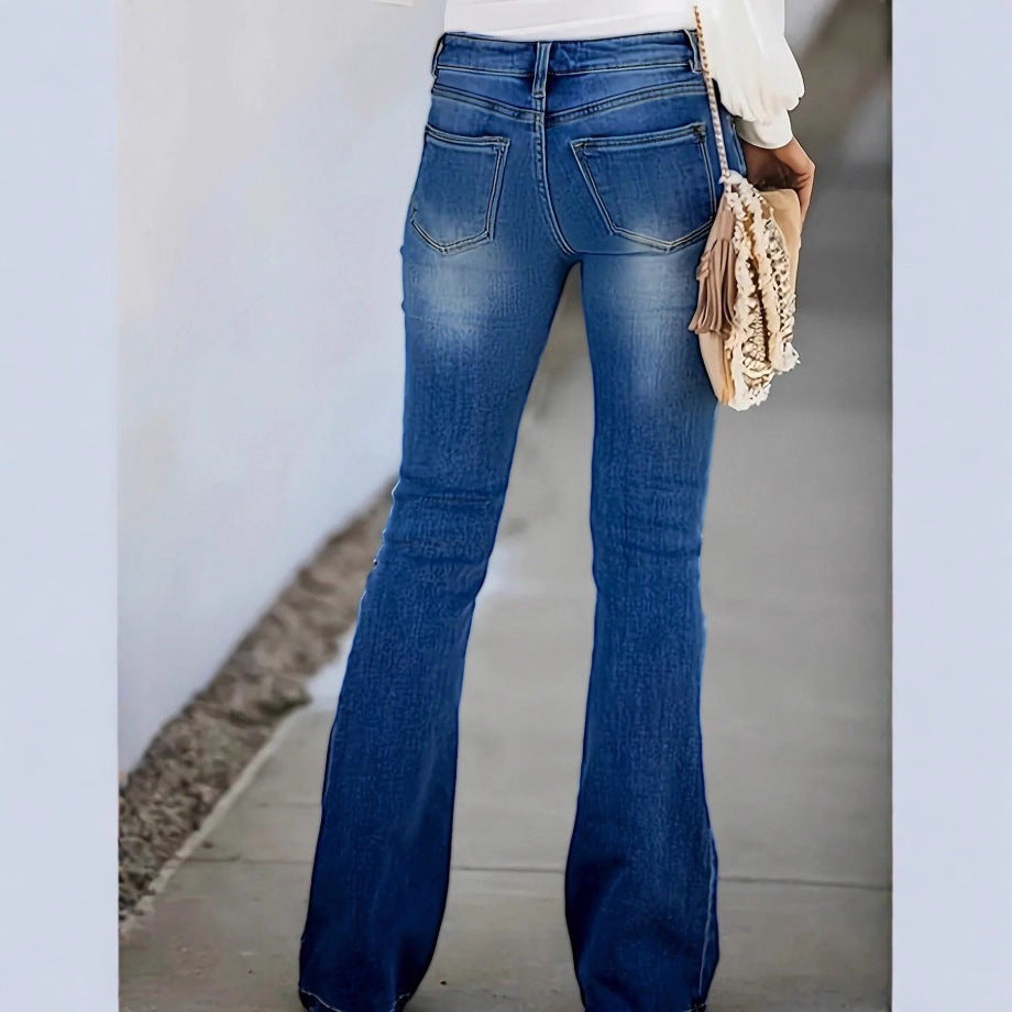 Women's high-waisted flared jeans with visible button fly, destroyed knee & sculpting stretch fit Mune Fashion