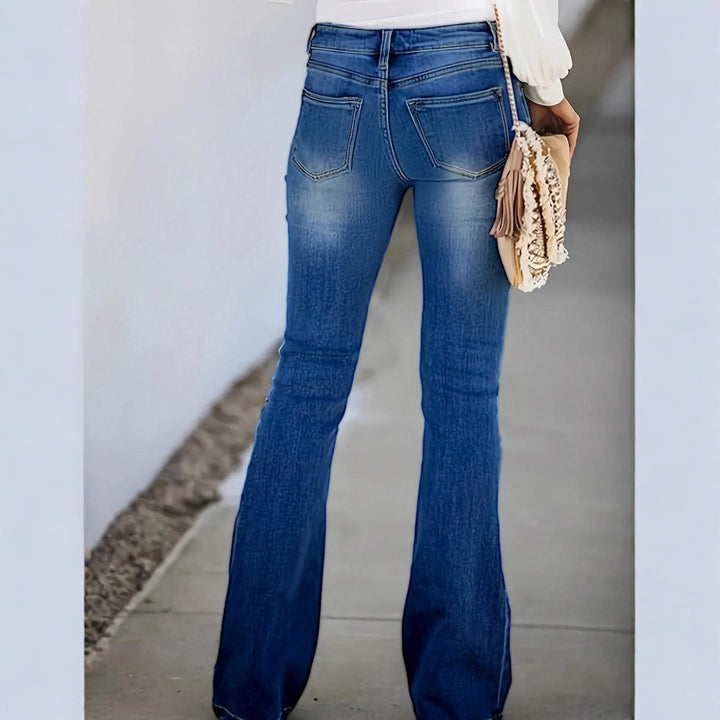Women's high-waisted flared jeans with visible button fly, destroyed knee & sculpting stretch fit Mune Fashion