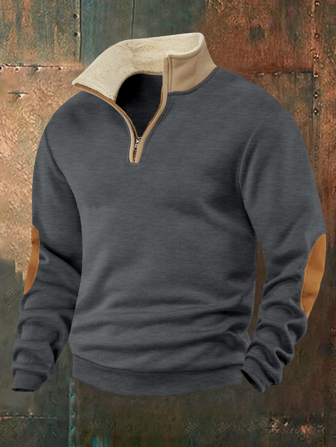 Men Nan Fleece Half-Zip Pullover with Sherpa Collar and Elbow Patches Mune Fashion