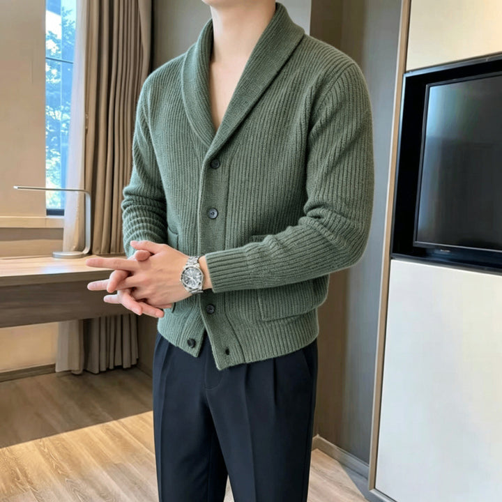 Men's shawl collar knitted cardigan with ribbed texture, button placket, and patch pockets Mune Fashion