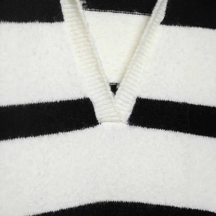 Women Striped Oversized Sweater with Polo Collar and Deep V-Neck Mune Fashion