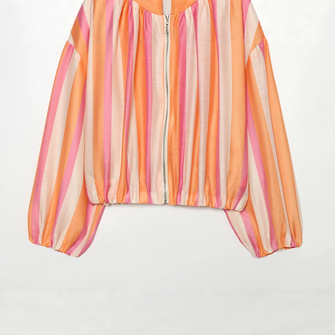 Women's Striped Cropped Bomber Jacket with High Stand Collar, Balloon Sleeves and Zipper Mune Fashion