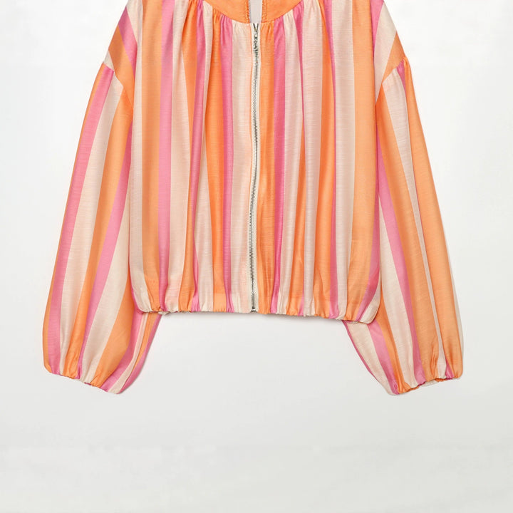 Women's Striped Cropped Bomber Jacket with High Stand Collar, Balloon Sleeves and Zipper Mune Fashion
