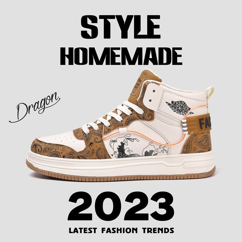 Men's High-Top Sneaker with Paisley Print and Dragon Appliqué Mune Fashion