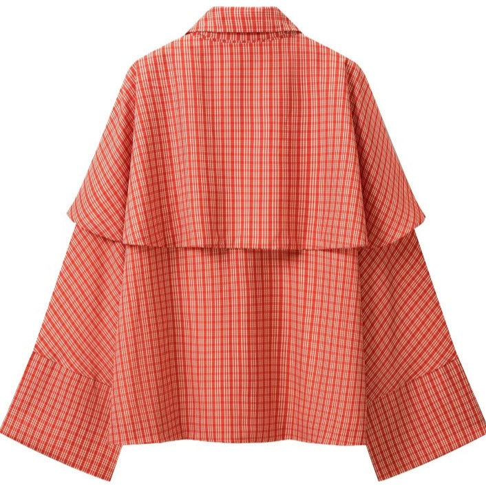 Women's Checkered Cape Transitional Jacket with Layered Cape and Bow Tie Mune Fashion