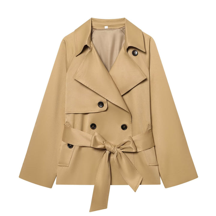 Women Cropped Waist Belt Trench Coat with Wide Lapels and Flap Pockets Mune Fashion