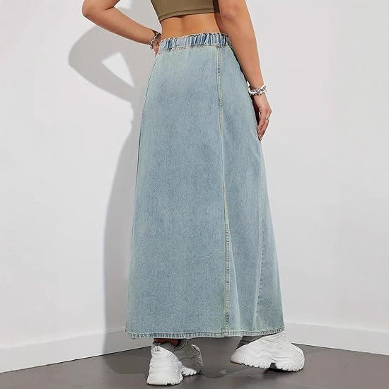 Women Longer A-Line Denim Skirt with Elastic Waistband and Cord Mune Fashion