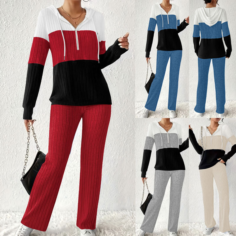 Women's Ribbed Lounge Set with Hooded Half-Zip and Wide Palazzo Knit Pants Mune Fashion