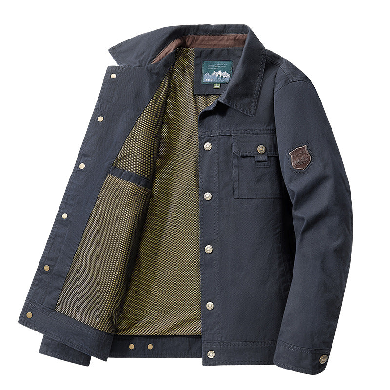 Men's robust canvas field jacket with breathable mesh lining, snap button placket, and patch chest pocket Mune Fashion