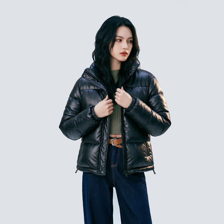 Women Short Cut Quilted Faux Leather Padded Jacket with High Standing Collar Mune Fashion