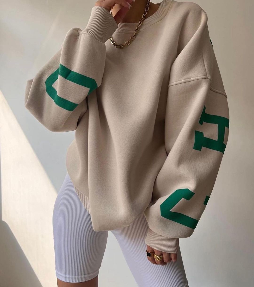 Women's Oversized Sweatshirt with Block Print Sleeves and Wide Drop Shoulder Cut Mune Fashion