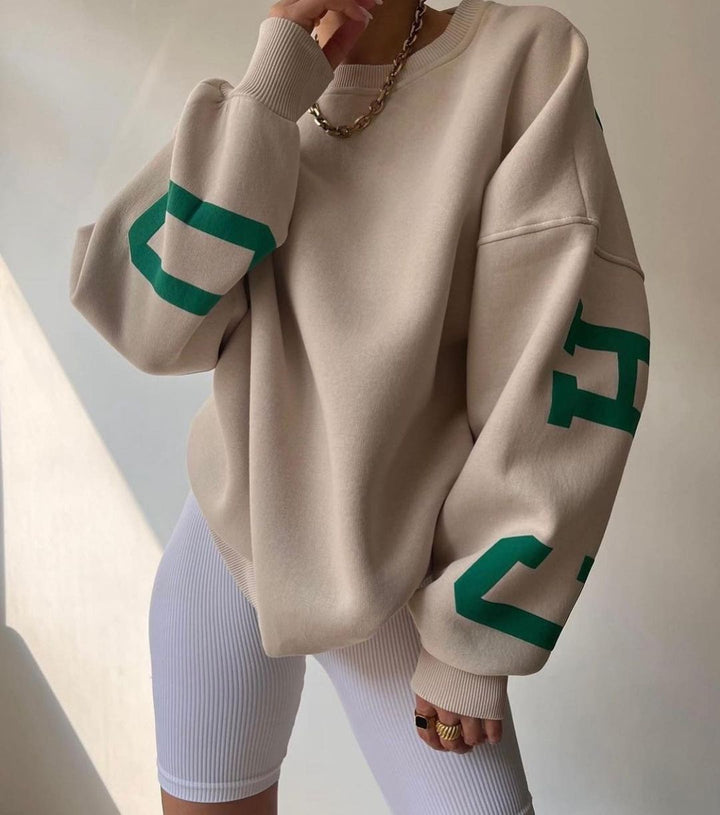 Women's Oversized Sweatshirt with Block Print Sleeves and Wide Drop Shoulder Cut Mune Fashion