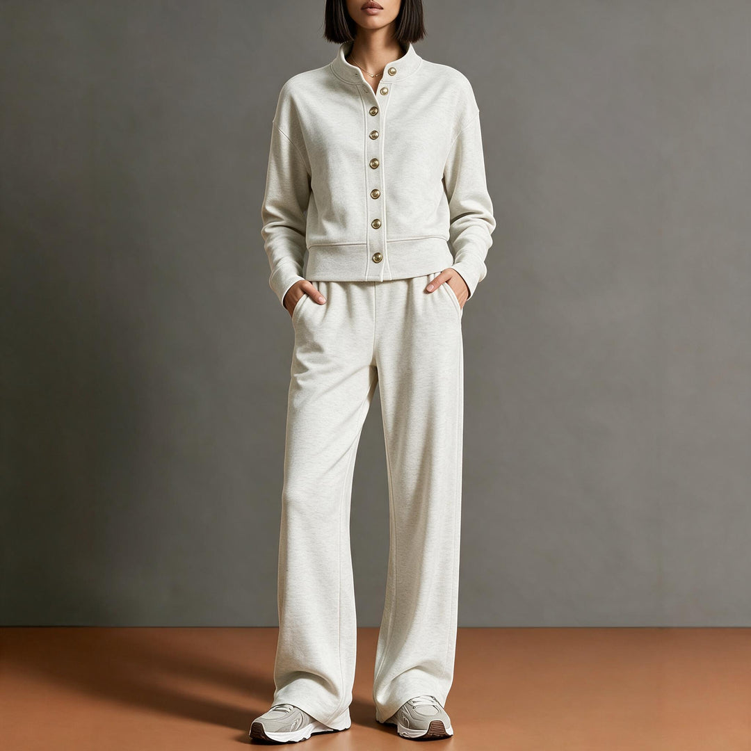 Women's sweat jacket with snap button placket, standing collar, and soft lounge cut Mune Fashion