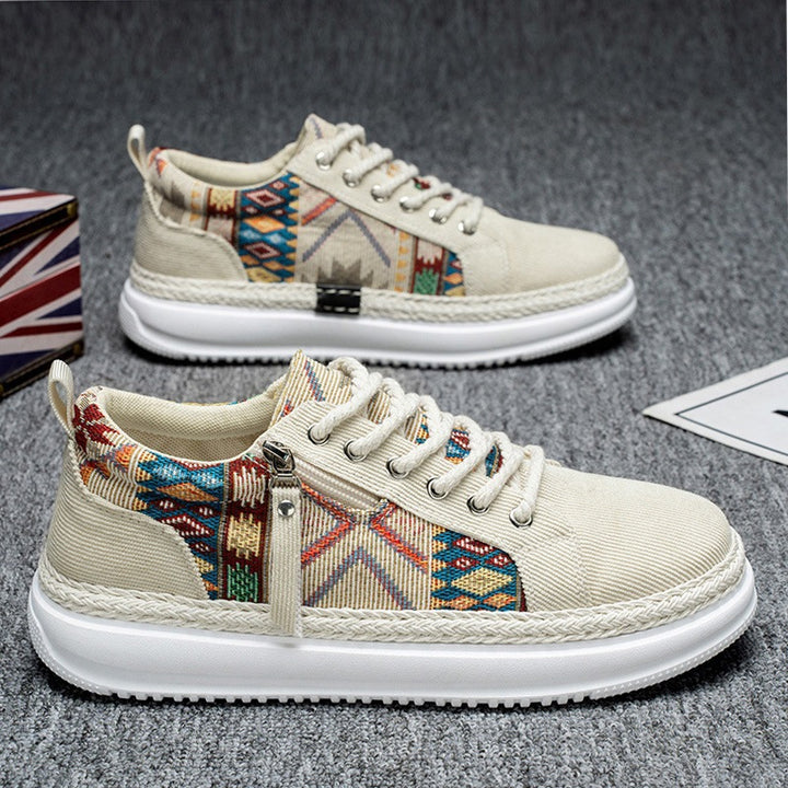 Women's espadrille-inspired platform sneakers with woven ethnic inserts, side zipper, and cushioned lightweight sole Mune Fashion