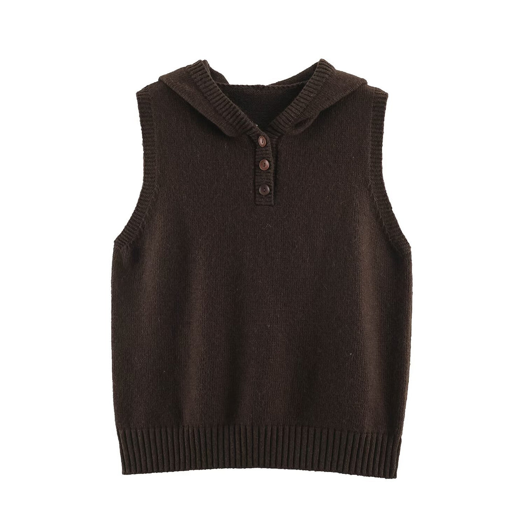 Women's fine knit vest with hood, button placket, and ribbed waistband Mune Fashion