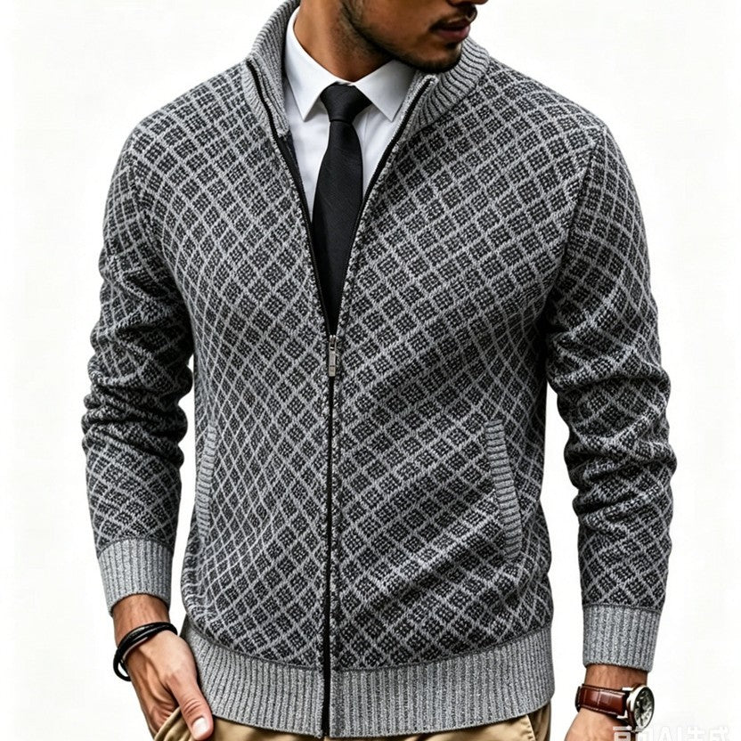 Men's Structured Cardigan with Stand-up Collar and Diamond Jacquard Mune Fashion