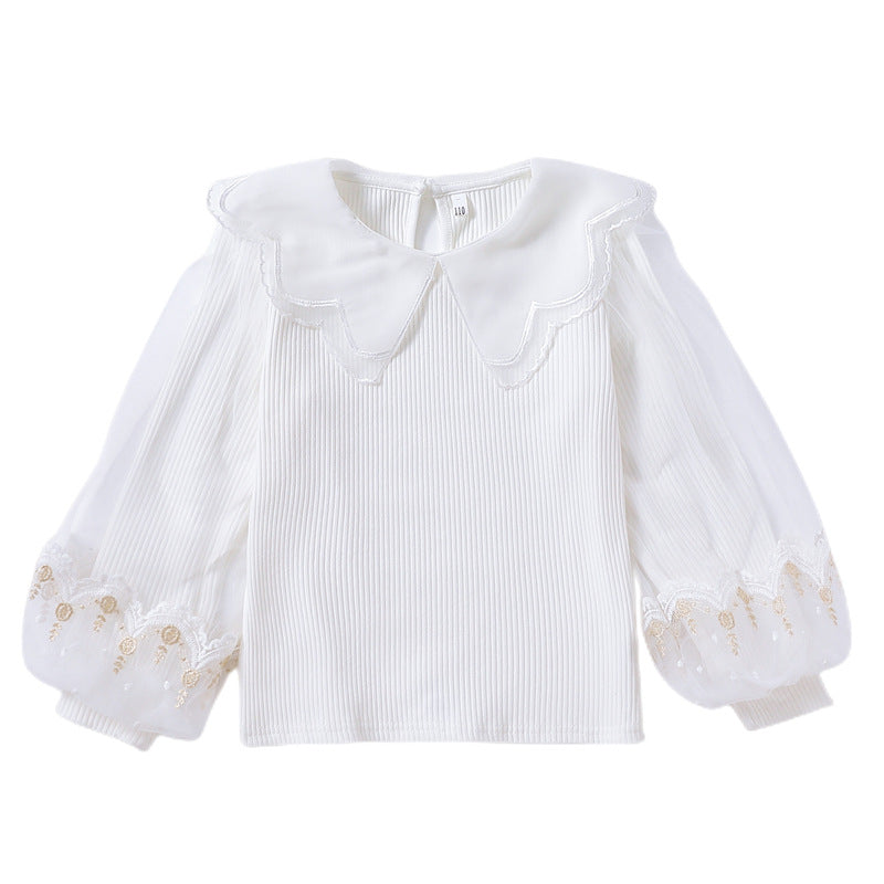 Girl's blouse with romantic tulle sleeves and floral lace trim Mune Fashion