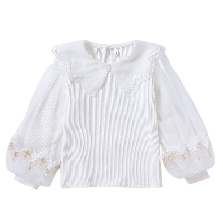 Girl's blouse with romantic tulle sleeves and floral lace trim Mune Fashion