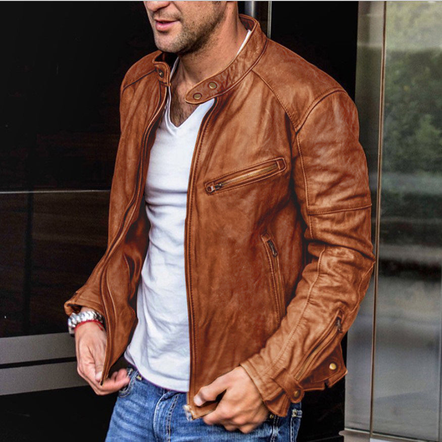 Men's biker leather jacket made of washed full leather with standing collar Mune Fashion