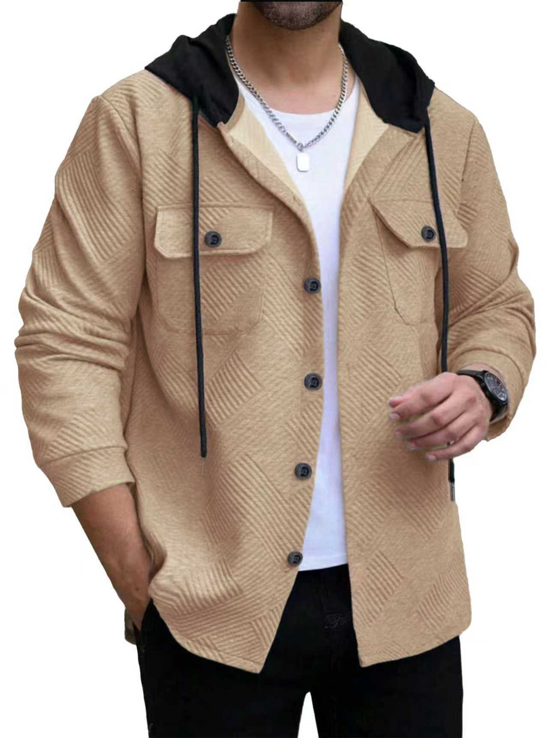 Men's structured overshirt jacket with quilted diagonal structure, contrast hood, and patch chest flaps Mune Fashion