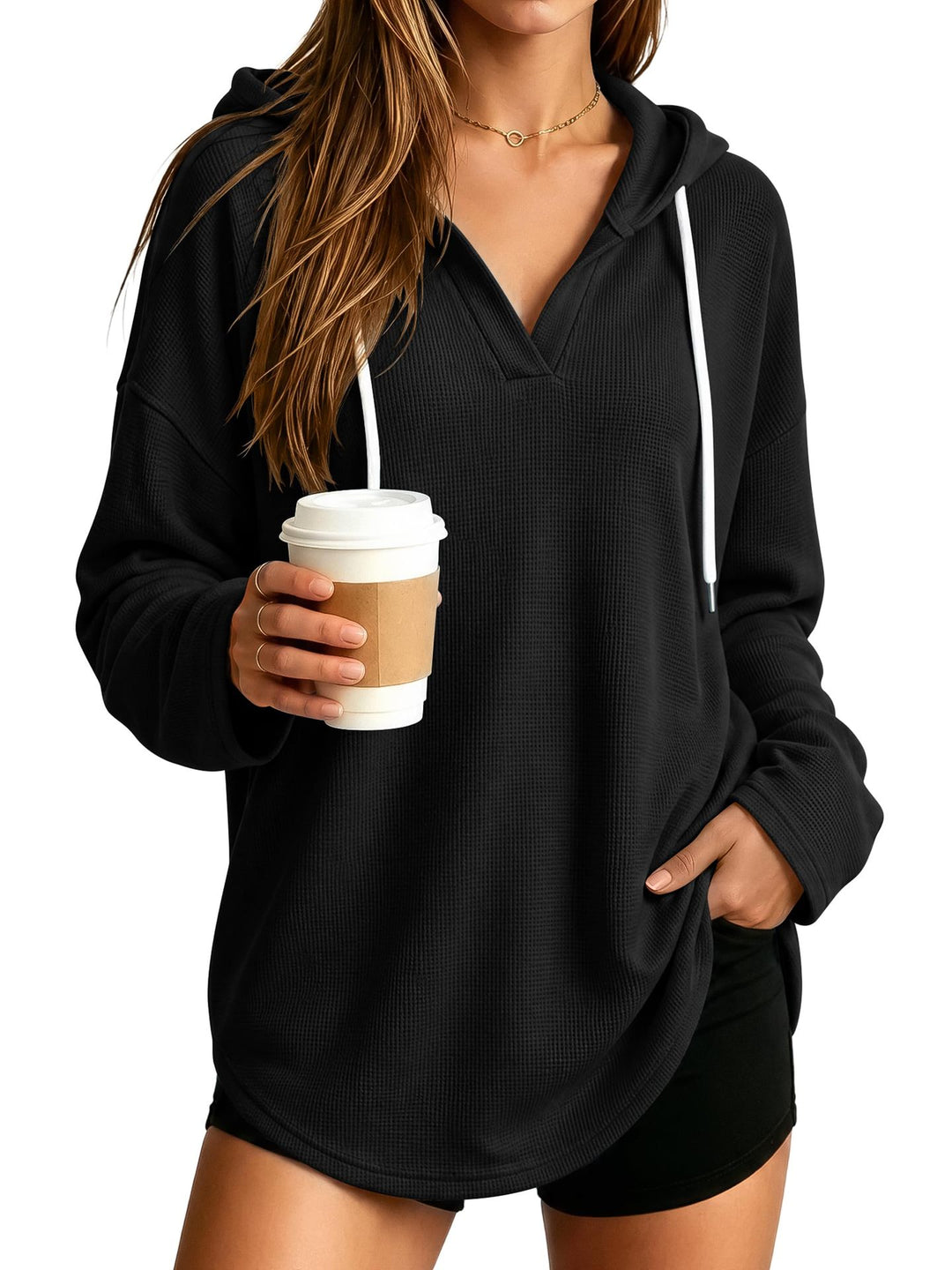 Women's Casual Hoodie with Waffle Texture Mune Fashion