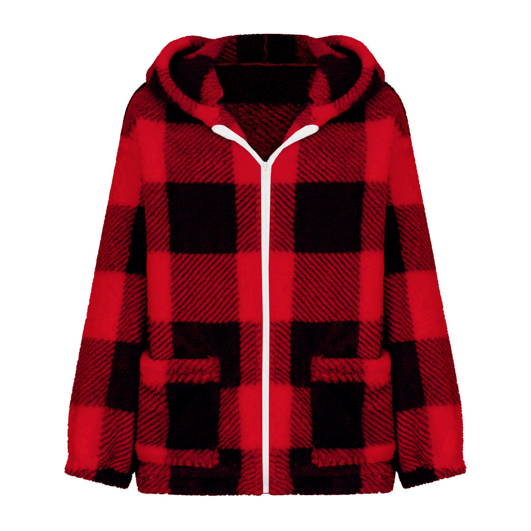 Women nan thick checkered teddy jacket with hood, front zipper and patch pockets Mune Fashion