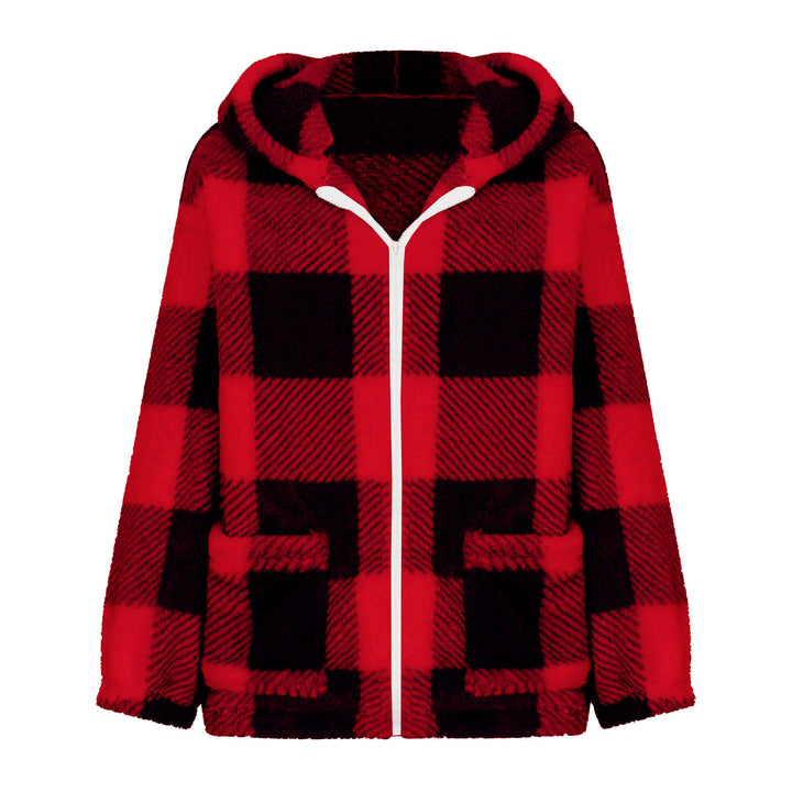 Women nan thick checkered teddy jacket with hood, front zipper and patch pockets Mune Fashion