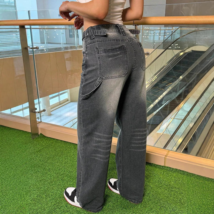 Women's High-Waisted Casual Wide-Leg Denim Pants with Vintage Wash and Extra Length Mune Fashion
