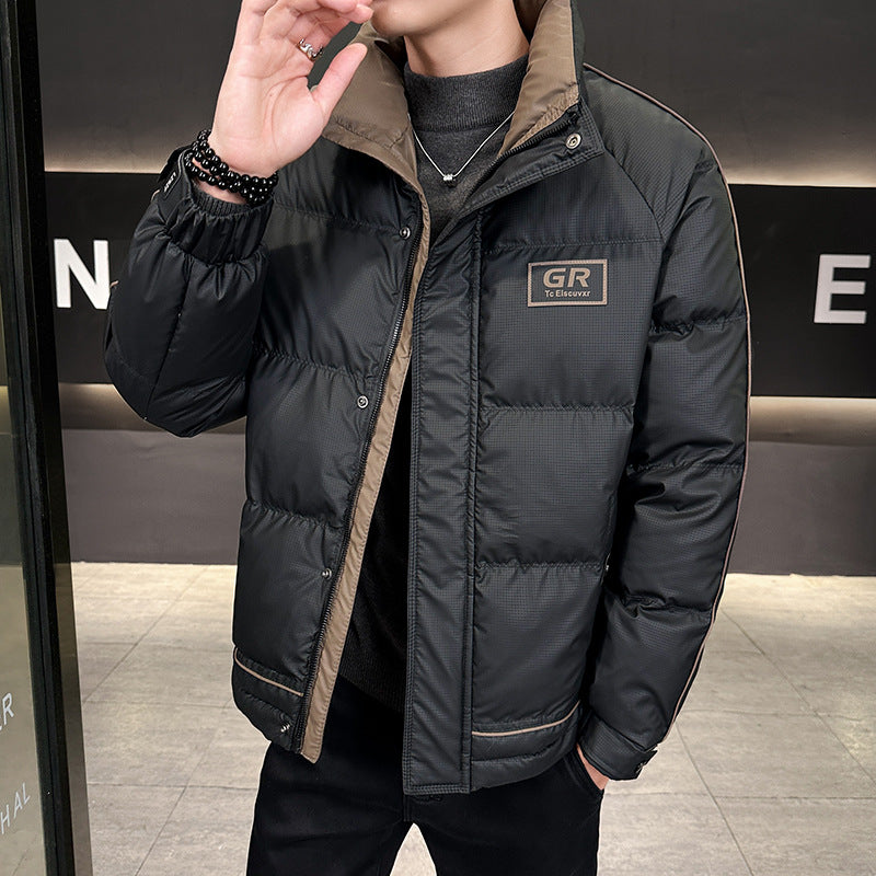 Men's Padded Quilted Jacket with High Collar, Press Stud Placket & Contrasting Side Stripe Mune Fashion