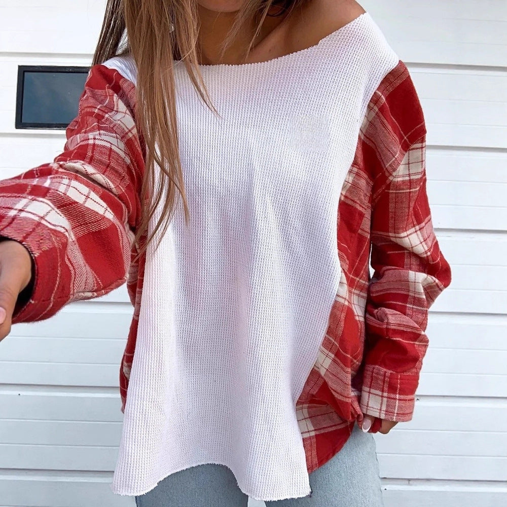 Women's oversized long-sleeve shirt in mixed material with textured waffle knit front and checkered sleeve section Mune Fashion
