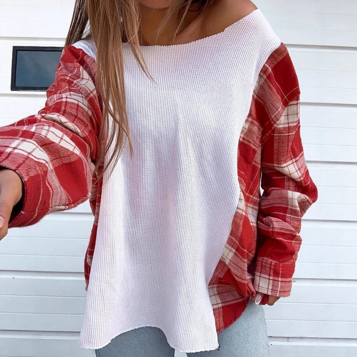 Women's oversized long-sleeve shirt in mixed material with textured waffle knit front and checkered sleeve section Mune Fashion