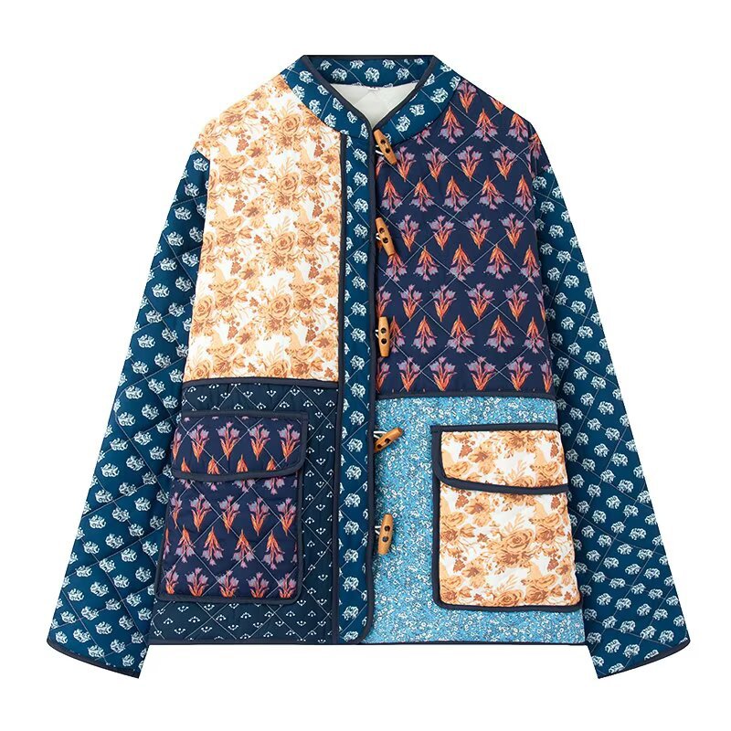 Women Padded Patchwork Quilted Jacket with Toggle Closures and Patch Pockets Mune Fashion
