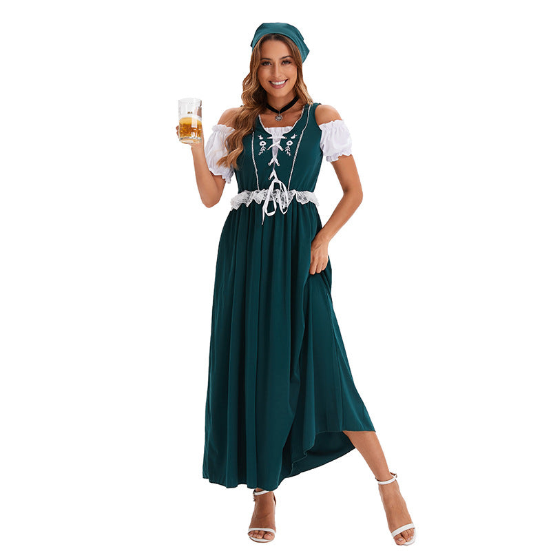 Women’s short traditional dress in Dirndl style with floral lace apron, laced bodice front and gathered Carmen blouse Mune Fashion