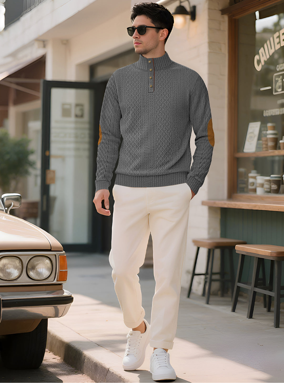 Men's noble button sweater in cable pattern with high stand-up collar and suede elbow patches Mune Fashion