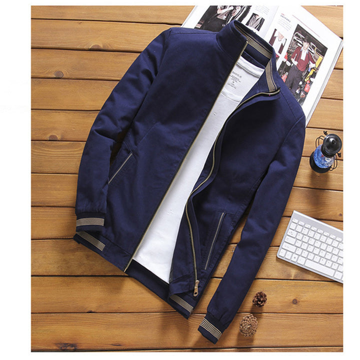 Men's Lightweight Bomber Jacket with Stand Collar, Full Zip and Striped Rib Cuffs Mune Fashion