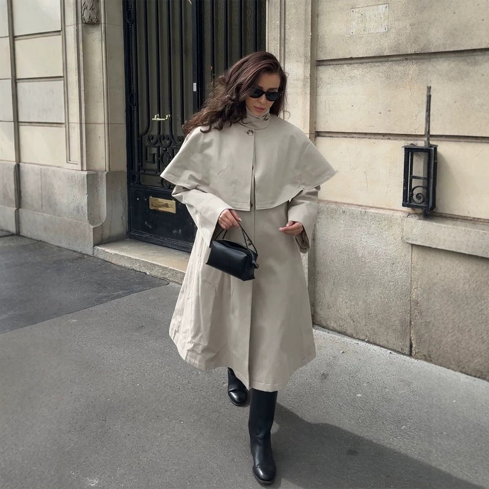Ladies Oversize Trench Coat with Cape Detail and High Stand Collar Mune Fashion