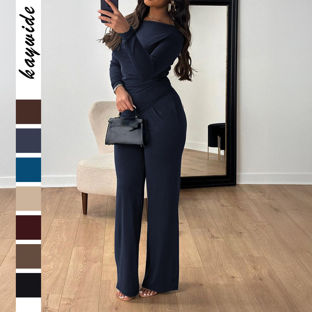 Women's two-piece jersey set with asymmetric wrap look, long-sleeve top, and wide high-waist pants Mune Fashion
