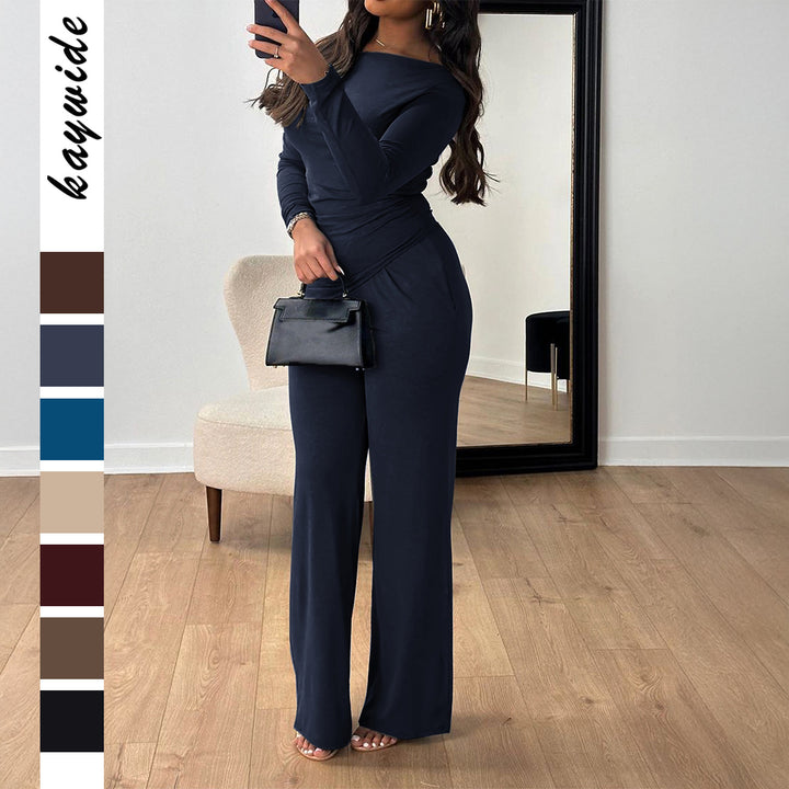 Women's two-piece jersey set with asymmetric wrap look, long-sleeve top, and wide high-waist pants Mune Fashion