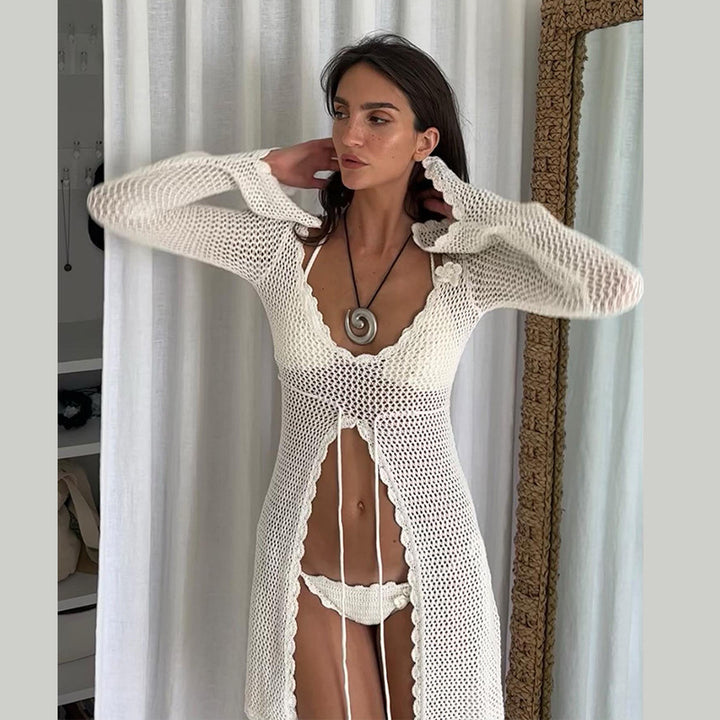 Women's Crochet Beach Cover-Up with Front Cut Mune Fashion