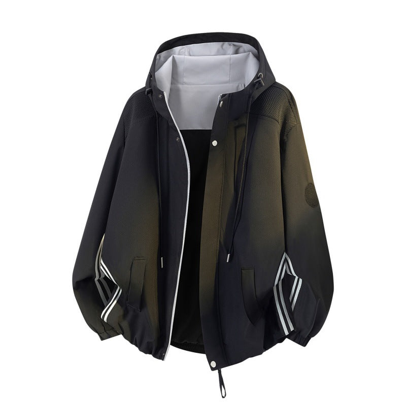 Men's sporty-urban oversized windbreaker jacket with hood, reflective insert stripes, and elastic hem Mune Fashion