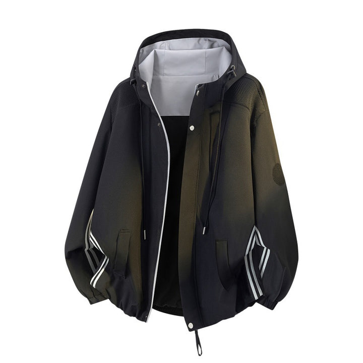 Men's sporty-urban oversized windbreaker jacket with hood, reflective insert stripes, and elastic hem Mune Fashion